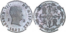 1827. Fernando VII. Jubia. 2 maravedís. (AC. 138) (Casal Fernández & Núñez Meneses 17, mismo ejemplar). Tipo "cabezón". Muy bella. En cápsula de la NG...