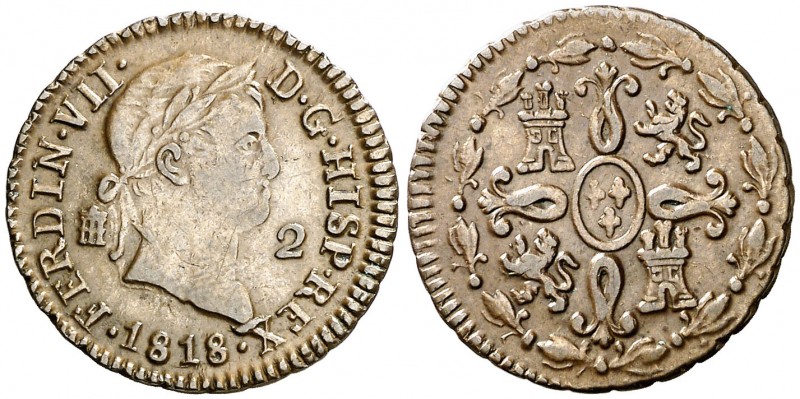 1818. Fernando VII. Segovia. 2 maravedís. (AC. 141). 2,24 g. Encapsulada. Ex Col...