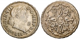 1818. Fernando VII. Segovia. 2 maravedís. (AC. 141). 2,24 g. Encapsulada. Ex Colección Isabel de Trastámara 23/04/2015, nº 126. MBC+.