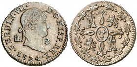 1824. Fernando VII. Segovia. 2 maravedís. (AC. 145). 2,79 g. Dos puntos en reverso, cerrando la corona de laurel. Atractiva. En cápsula de la NGC como...