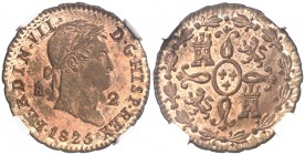 1825. Fernando VII. Segovia. 2 maravedís. (AC. 146). Bella. Brillo original. En cápsula de la NGC como MS65 RB, nº 2039657-019. Ex Heritage 24/04/2014...