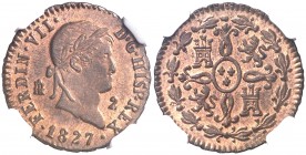 1827. Fernando VII. Segovia. 2 maravedís. (AC. 149). Bella. Brillo original. En cápsula de la NGC como MS65 RB, nº 2757598-010. Escasa así. S/C.