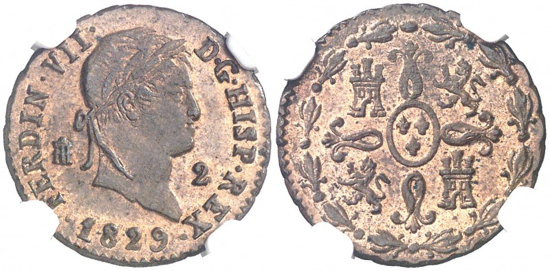 1829. Fernando VII. Segovia. 2 maravedís. (AC. 151). Bella. Brillo original. En ...