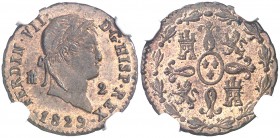 1829. Fernando VII. Segovia. 2 maravedís. (AC. 151). Bella. Brillo original. En cápsula de la NGC como MS65 RB, nº 2645328-009. Escasa así. S/C.