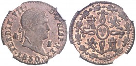 1830. Fernando VII. Segovia. 2 maravedís. (AC. 152). Bella. Brillo original. En cápsula de la NGC como MS65 BN, nº 2757598-014. Escasa así. S/C.