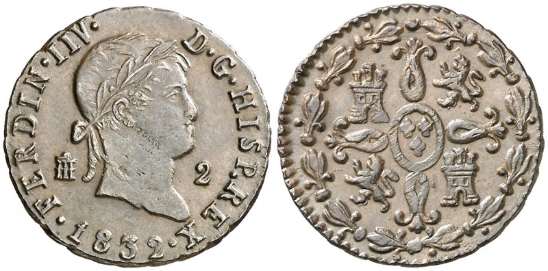1832. Fernando VII. Segovia. 2 maravedís. (AC. 156). FERDIN IIV. En cápsula de l...