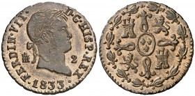 1833. Fernando VII. Segovia. 2 maravedís. (AC. 157). 2,39 g. Bella. En cápsula de la NGC como MS65 RB, nº 2648367-022. Ex Áureo & Calicó 30/10/2014, n...