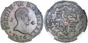 1814. Fernando VII. Jubia. 4 maravedís. (AC. 160) (Casal Fernández & Núñez Meneses 20, mismo ejemplar). 4,94 g. Bella. En cápsula de la NGC como MS64 ...