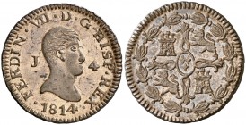 1814. Fernando VII. Jubia. 4 maravedís. (AC. 160, mismo ejemplar) (Casal Fernández & Núñez Meneses 21, mismo ejemplar). 5,15 g. Variante de peinado. M...