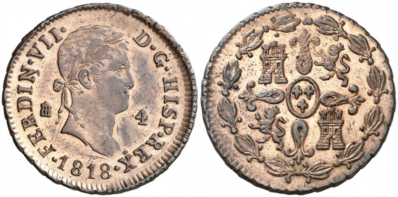1818. Fernando VII. Segovia. 4 maravedís. (AC. 173). 6,26 g. Bella. Encapsulada....