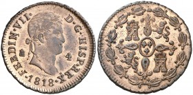 1818. Fernando VII. Segovia. 4 maravedís. (AC. 173). 6,26 g. Bella. Encapsulada. EBC/EBC+.