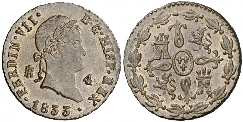 1833. Fernando VII. Segovia. 4 maravedís. (AC. 188). Bella. Parte de brillo orig...
