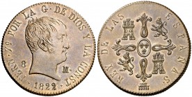 1822. Fernando VII. Segovia. 8 maravedís. (AC. 240, mismo ejemplar) Tipo "cabezón". Valor en anverso. Ceca en reverso. Bellísima. Brillo original. En ...