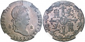 1833. Fernando VII. Segovia. 8 maravedís. (AC. 239). Bella. En cápsula de la NGC como MS64 BN, nº 2635433-007. Rara así. S/C-.