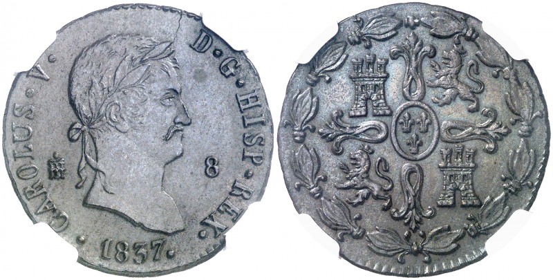1837. Carlos V, Pretendiente. Segovia. 8 maravedís. (AC. 3). Bella. En cápsula d...