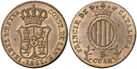 1841. Isabel II. Barcelona. 3 cuartos. (AC. 9). 7,50 g. El punto de la E muy separado de la fecha. Bella. Precioso color. En cápsula de la NGC como MS...