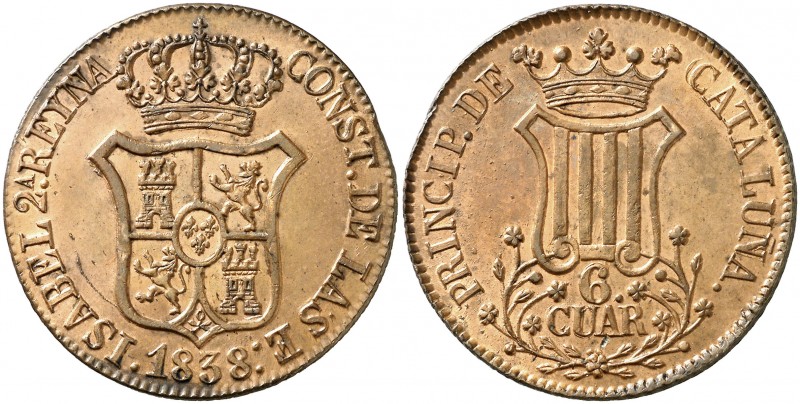 1838. Isabel II. Barcelona. 6 cuartos. (AC. 18). 13,63 g. Bellísima. Pleno brill...