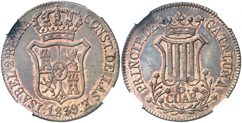 1839. Isabel II. Barcelona. 6 cuartos. (AC. 20). Atractiva. Encapsulada. Escasa ...