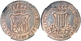 1839. Isabel II. Barcelona. 6 cuartos. (AC. 20). Atractiva. Encapsulada. Escasa así. EBC.