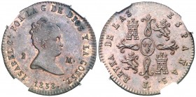 1838. Isabel II. Jubia. 2 maravedís. (AC. 38). Sin punto después de G. Preciosa pátina. Encapsulada. EBC/EBC+.
