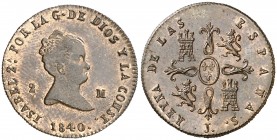 1840. Isabel II. Jubia. 2 maravedís. (AC. 39, mismo ejemplar) (Casal Fernández & Núñez Meneses 106, mismo ejemplar). 2,83 g. Marca de ceca J. Bella. P...