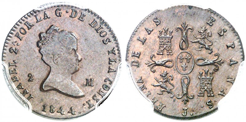 1844. Isabel II. Jubia. 2 maravedís. (AC. 45). Marca de ceca Jª. Bella. En cápsu...