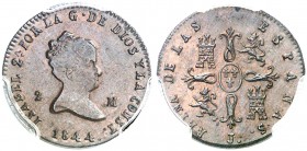 1844. Isabel II. Jubia. 2 maravedís. (AC. 45). Marca de ceca Jª. Bella. En cápsula de la PCGS como MS64 BN, nº 221215.64/31801854. Rara y más así. EBC...