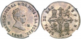 1849. Isabel II. Jubia. 2 maravedís. (AC. 47). Marca de ceca Jª. Bella. Precioso color. Encapsulada. Escasa así. EBC+.