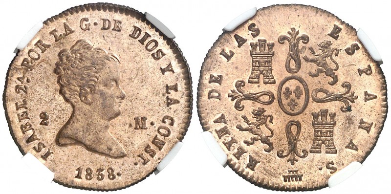1838. Isabel II. Segovia. 2 maravedís. (AC. 49). Bella. Brillo original. Encapsu...
