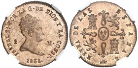 1838. Isabel II. Segovia. 2 maravedís. (AC. 49). Bella. Brillo original. Encapsulada. Escasa así. S/C-.
