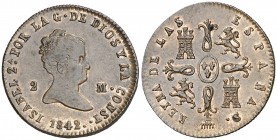 1842. Isabel II. Segovia. 2 maravedís. (AC. 54). 2,25 g. Bella. Parte de brillo original. Encapsulada. Escasa así. S/C-.