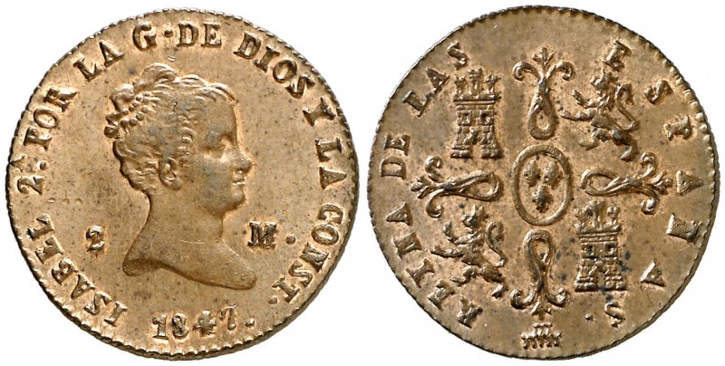 1847. Isabel II. Segovia. 2 maravedís. (AC. 59). 2,18 g. Muy bella. Brillo origi...