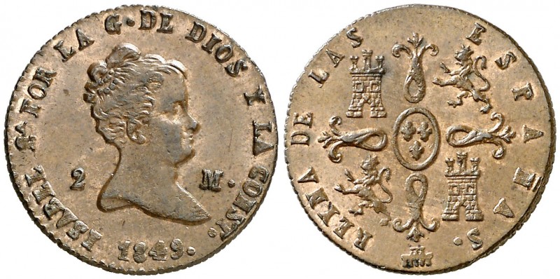 1849. Isabel II. Segovia. 2 maravedís. (AC. 61). 2,40 g. Bella. Brillo original....