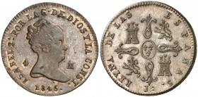 1845. Isabel II. Jubia. 4 maravedís. (AC. 71) (Casal Fernández & Núñez Meneses 122, mismo ejemplar). 5,33 g. La A de 2ª muy lejos del punto. Muy bella...