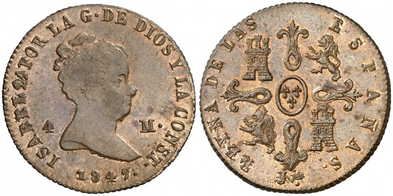 1847. Isabel II. Jubia. 4 maravedís. (AC. 73). 5,30 g. Bella. Precioso color. En...
