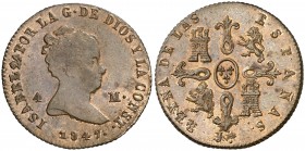 1847. Isabel II. Jubia. 4 maravedís. (AC. 73). 5,30 g. Bella. Precioso color. Encapsulada. Ex Colección O'Callaghan 10/11/2016, nº 34. Escasa así. EBC...