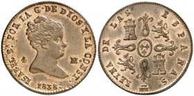 1838. Isabel II. Segovia. 4 maravedís. (AC. 81). 5,34 g. Bellísima. Brillo original. En cápsula de la NGC como MS64 RB, nº 2800890-018. Ex Colección I...