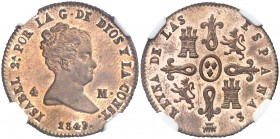 1849. Isabel II. Segovia. 4 maravedís. (AC. 92). Bella. Brillo original. En cápsula de la NGC como MS65 RB, nº 4706271-003. Escasa así. EBC+.