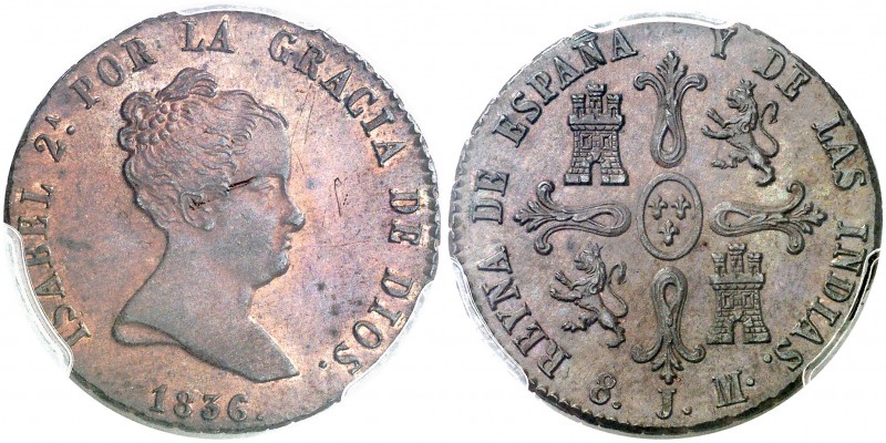 1836. Isabel II. Jubia. 8 maravedís. (AC. 102). Marca de ceca J. Valor en revers...