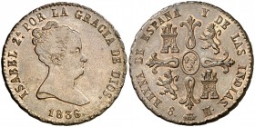 1836. Isabel II. Segovia. 8 maravedís. (AC. 122, mismo ejemplar). 11,10 g. Valor y ceca en reverso. Muy bella. Parte de brillo original. En cápsula de...