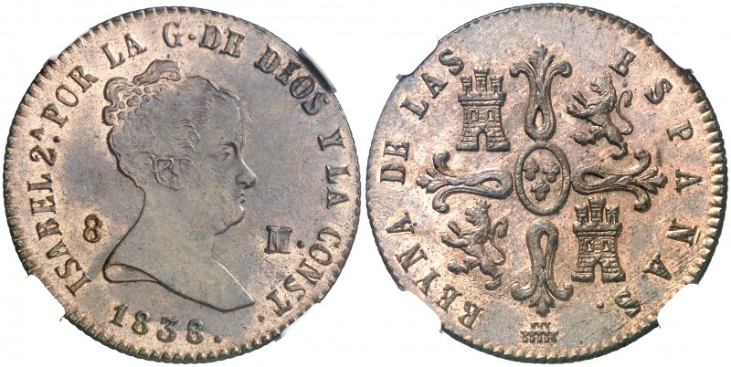 1838. Isabel II. Segovia. 8 maravedís. (AC. 124). Bella. Precioso color. Encapsu...