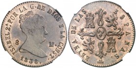 1838. Isabel II. Segovia. 8 maravedís. (AC. 124). Bella. Precioso color. Encapsulada. Rara así. EBC+.
