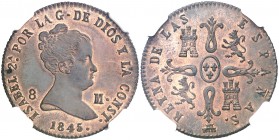 1845. Isabel II. Segovia. 8 maravedís. (AC. 132). Bella. Precioso color. Brillo original. En cápsula de la NGC como MS64 RB, nº 2802188-008. Rara así....