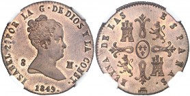 1849. Isabel II. Segovia. 8 maravedís. (AC. 136). Bella. Pleno brillo original. En cápsula de la NGC como MS64 RB, nº 4714017-004. Rara así. FDC.