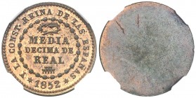 1852. Isabel II. Segovia. 1/2 décima de real. (AC. 138). Prueba de reverso. Bella. Brillo original. Encapsulada. Ex Colección O'Donnell, 19/11/2003, n...