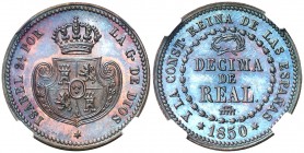 1850. Isabel II. Segovia. 1 décima de real. (AC. 141). 4,14 g. Bella. Parte de brillo original. En cápsula de la NGC como PF66 RB, nº 2634088-001. Ex ...