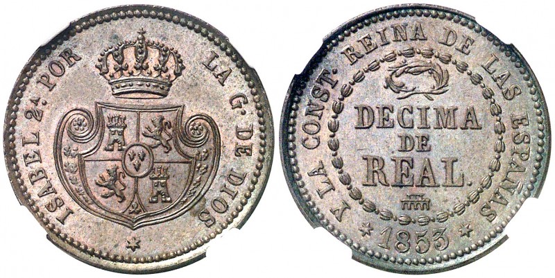 1853. Isabel II. Segovia. 1 décima de real. (AC. 146). Bella. Brillo original. E...