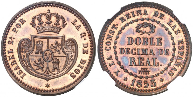 1853. Isabel II. Segovia. Doble décima de real. (AC. 148). Prueba. Bellísima. Br...