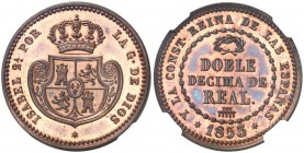 1853. Isabel II. Segovia. Doble décima de real. (AC. 148). Prueba. Bellísima. Brillo original. En cápsula de la NGC como PF66 RB, nº 2784970-002. Muy ...