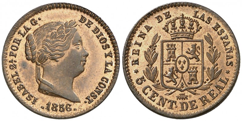 1856. Isabel II. Segovia. 5 céntimos de real. (AC. 161). 1,93 g. Bellísima. Plen...